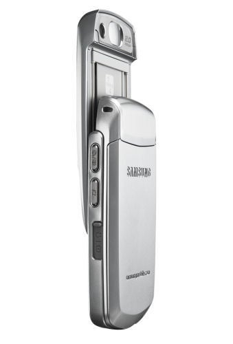 Samsung SGH-Z400 flip phone in silver, displayed half-open with the Samsung logo visible on the front cover and camera lens on the flip section.