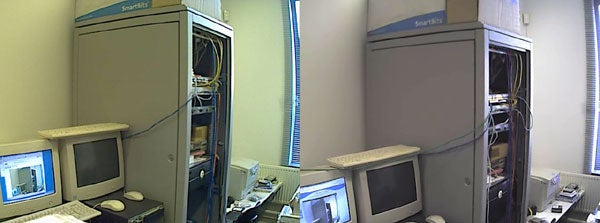Side-by-side comparison of image quality from the D-Link Securicam DCS-2120 IP Camera, showing a server room with a large rack, CRT monitor, and various equipment.