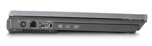 Side view of an HP Compaq nc2400 Ultra-Portable Notebook showing its slim profile, with visible ports including USB, Ethernet, and a DVD drive.