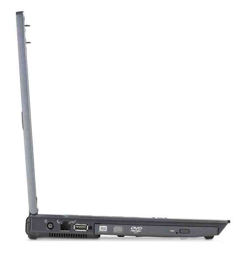 Side view of an HP Compaq nc2400 Ultra-Portable Notebook showing ports and extended battery pack.