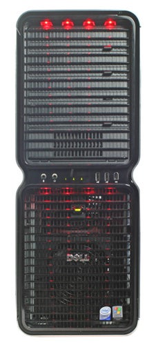 Dell XPS 700 desktop computer tower with an open side panel revealing interior hardware and red LED lights.