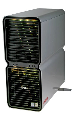 Dell XPS 700 desktop computer tower with the front panel open, showcasing the black and silver design and the Dell logo.
