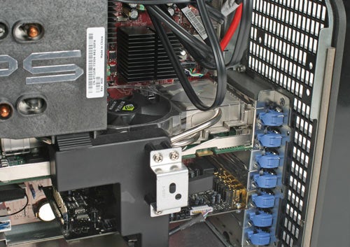 Close-up view of the internal components of a Dell XPS 700 desktop computer, showing the motherboard, expansion slots, and power connectors.
