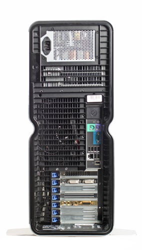 Back view of a Dell XPS 700 desktop computer showing various ports including USB, Ethernet, and audio connections.