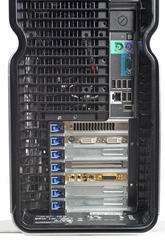 Rear view of a Dell XPS 700 desktop computer showing the back panel with various ports including USB, Ethernet, audio jacks, and expansion card slots.