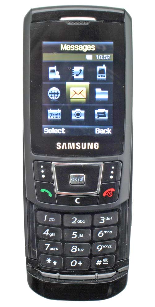 Samsung SGH-D900 Ultra-Slim Mobile Phone displaying menu screen with message icon highlighted.