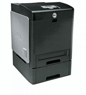 Dell 3110cn color laser printer in black, showing front view with paper trays and Dell logo visible.
