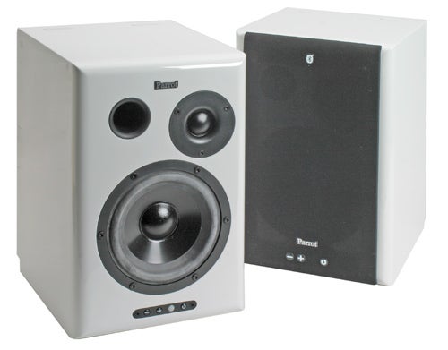 Pair of Parrot Bluetooth speakers in grey, one showing front with controls and the other showing back side.