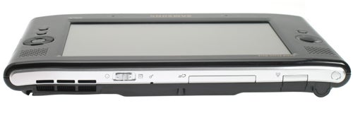 Samsung Q1 SSD UMPC showcasing its screen, keyboard, and various ports, set against a white background.