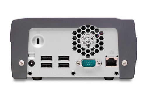 Rear view of Adaptec Snap Server 110 showing the connectivity ports, including USB ports, a serial port, and an Ethernet port, with an integrated cooling fan.