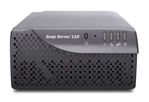 Front view of Adaptec Snap Server 110, a black network-attached storage device with the product name on the top left corner and LED status indicators on the front panel.