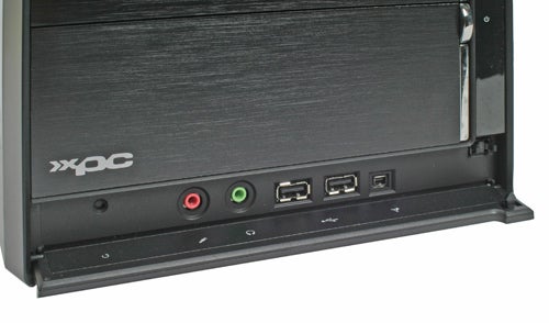 Close-up view of the Shuttle XPC SN27P2 small form factor barebone front panel with USB ports and audio jacks