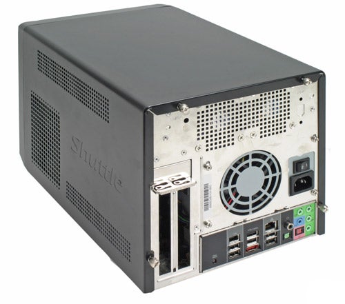 Shuttle XPC SN27P2 Small Form Factor Barebone Computer Case, showing rear ports, power supply, and branding on a white background.