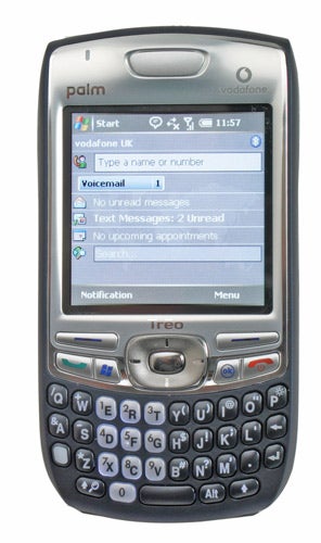 Palm Treo 750v smartphone displayed on a white background, showing the Vodafone UK start screen with notifications for voicemail and text messages.