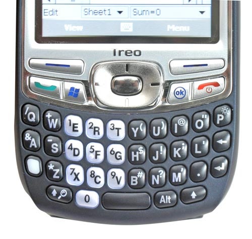 Close-up of a Palm Treo 750v smartphone showing the keyboard and screen with an application open.