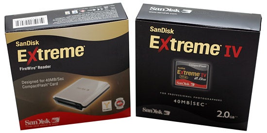 SanDisk Extreme IV CompactFlash card 2GB with packaging and FireWire card reader box displaying compatibility and speed information.