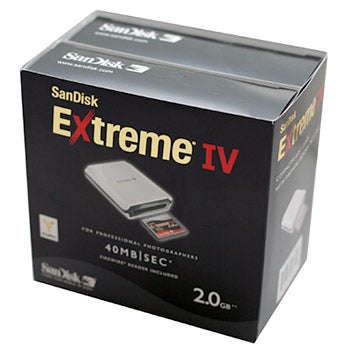 SanDisk Extreme IV 2GB CF Card and Reader Bundle package showing product features and capacity.
