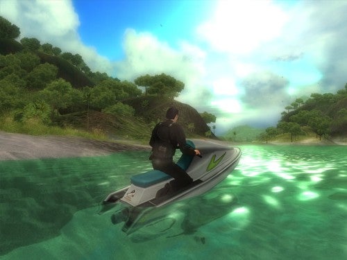 A screenshot from the video game Just Cause showing a character riding a jet ski on a greenish body of water with lush greenery in the background and a partially cloudy sky above.