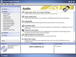 Screenshot of Roxio Easy Media Creator 9 software interface showing the Audio tab with options for creating audio CDs, converting CDs, making music DVDs, and recording audio from sound cards. The bottom section shows the drive selection with a Sony DVD writer selected.