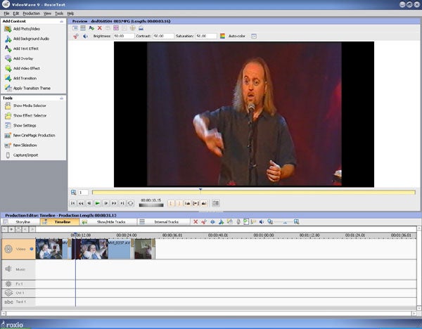 Screenshot of Roxio Easy Media Creator 9 software showing the video editing interface with a person on the video preview screen and various editing tools visible.