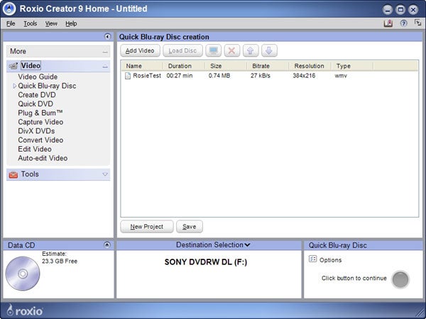 Screenshot of Roxio Easy Media Creator 9 software interface showing the Quick Blu-ray Disc creation window with options to add video, load disc, and project destination selection, featuring a simple graphic user interface in a Windows program.