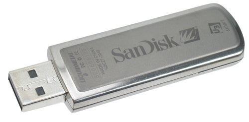 SanDisk Cruzer Titanium U3 USB Flash Drive with a metallic body and retractable USB connector.