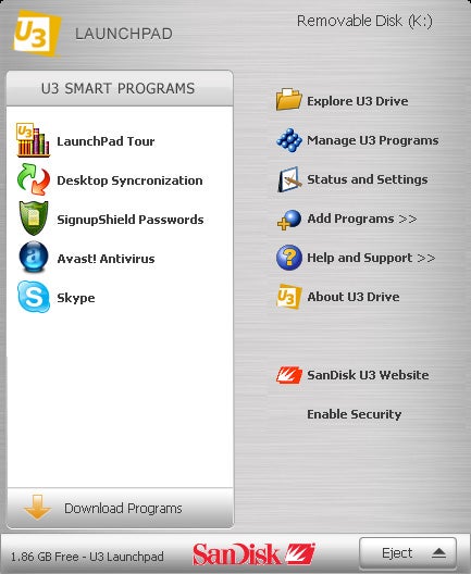 Screenshot of the U3 Launchpad interface from a SanDisk Cruzer Titanium USB flash drive, displaying various applications like security programs and Skype, and options for managing and adding programs, with 1.86 GB free space indicated at the bottom.
