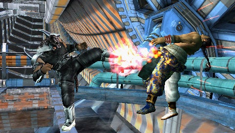 Screenshot from the video game Tekken: Dark Resurrection showing two characters in the middle of a fight, with one character executing a kick that emits a bright energy effect against the opponent.