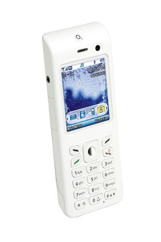 O2 Ice mobile phone in white color with screen displaying wallpaper and menu icons, showcasing a traditional keypad and navigation buttons.