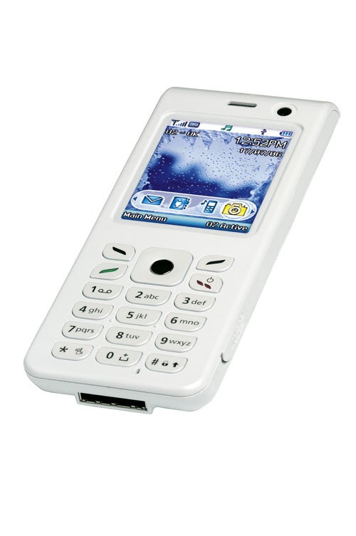 White O2 Ice mobile phone with numerical keypad, display screen showing menu, and branded interface.