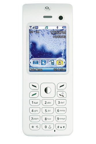 The O2 Ice mobile phone in white color with the screen displaying the main menu, time, and network, featuring a keypad with traditional numerical buttons, a five-way navigation button, two selection buttons, call and end call buttons, and dedicated camera and messaging buttons.