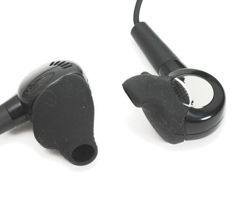 Close-up of Samsung YP-K5 MP3 player earbuds with black design on a white background.