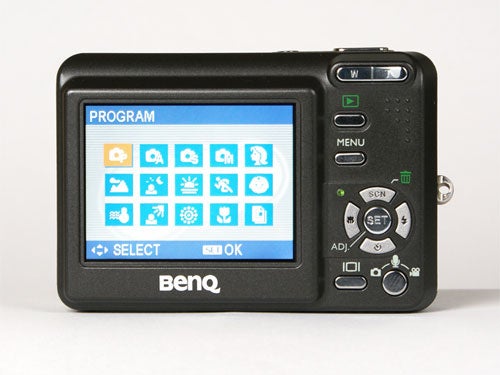 Rear view of a BenQ DC C1000 10-Megapixel Compact Camera showing the LCD screen and control buttons.
