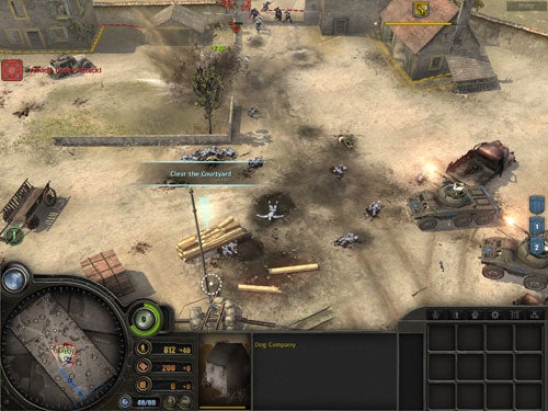 Screenshot of gameplay from the real-time strategy game Company of Heroes showing an in-game battle scenario with units and vehicles in an urban environment, with the user interface displaying a minimap, resources, and unit selection at the bottom.