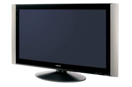 Hitachi 55PD9700 55-inch plasma TV displayed on a white background with a silver frame and black stand.
