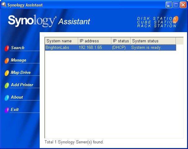Screenshot of Synology Assistant software interface showing one Synology server detected with system name 