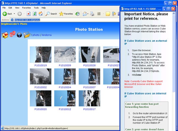 Screenshot of a web interface for Synology Photo Station displayed in Internet Explorer, showing a gallery of thumbnail images from a location named Andorra, with an important notice on how to access the Photo Station when the Cube Station uses an external IP address.