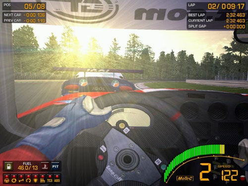 First-person perspective of a racing video game screen showing a car's interior view with the steering wheel in the foreground and another race car directly ahead on the track, with performance metrics displayed on the screen such as position, best lap time, and speed.