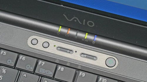 Close-up view of Sony Vaio VGN-SZ2XP laptop showing the status indicator lights and power button above the keyboard.