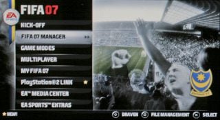 Main menu screen of the FIFA 07 video game on PlayStation 2, showing options like Kick-Off, FIFA 07 Manager, Game Modes, Multiplayer, My FIFA 07, PlayStation 2 Link, EA Media Center, and EA Sports Extras, along with an animated background of cheering fans and a football stadium.