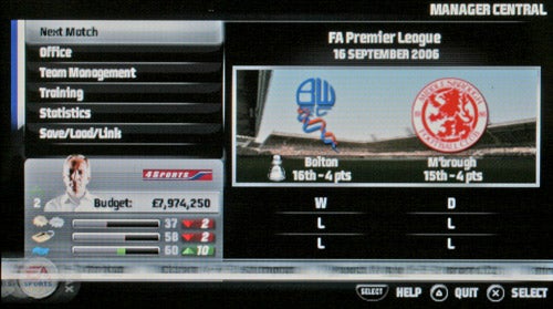 A screenshot of FIFA 07's game interface showing the Manager Mode with a match between Bolton and Middlesbrough scheduled for 16th September 2006. The screen details include options for Next Match, Office, Team Management, Training, Statistics, and Save/Load/Link. Additionally, the team budget is visible with a balance of £9,974,250.