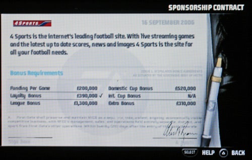 A screen capture from the video game FIFA 07 displaying a sponsor contract interface with bonus requirements and payment details for various accomplishments, alongside a stylized football in the lower right corner.