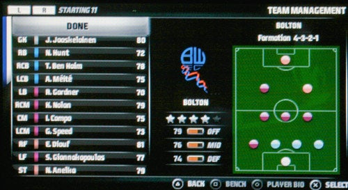 A screenshot of the team management screen in FIFA 07 showing the Bolton Wanderers squad with player ratings and a 4-2-3-1 formation displayed on a digital soccer field.