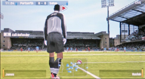 Screenshot of FIFA 07 gameplay showing a player preparing for a corner kick with scoreboard displaying Portsmouth 0 - 0 Sutton and game time at 11:24.