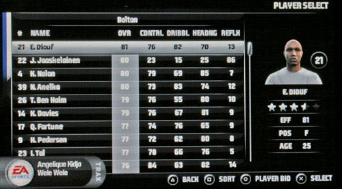 Screenshot from FIFA 07 video game showing the player select screen with various stats such as overall rating, control, dribbling, and heading for players from the Bolton team, with E. Diouf's player model displayed on the right.