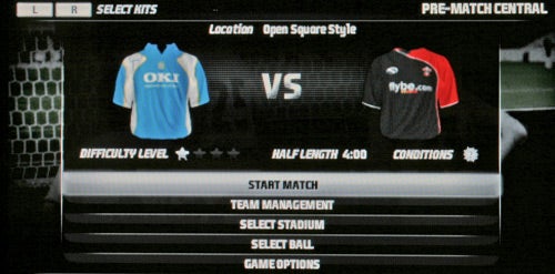 A screenshot of FIFA 07 pre-match screen showcasing a menu with kit selection for a football match between two teams, one wearing a light blue and white jersey and the other in a black and red jersey, with various match setup options such as difficulty level, half length, and match conditions displayed below.