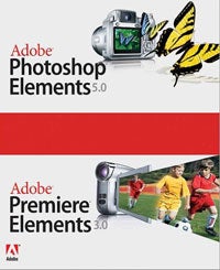 Adobe Photoshop Elements 5.0 and Adobe Premiere Elements 3.0 software box covers with visual features representing photo and video editing capabilities.