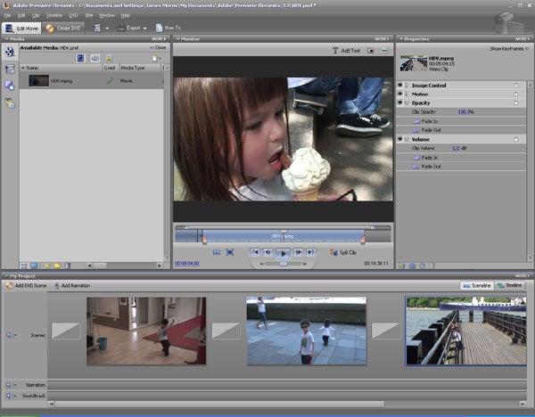 Screenshot of Adobe Premiere Elements interface showing a video editing project with various clips and editing tools displayed.