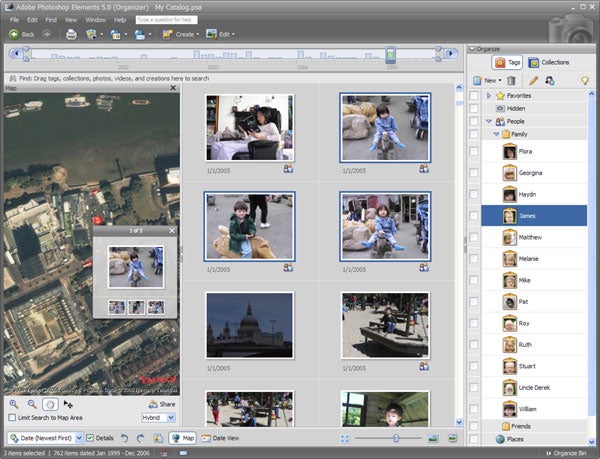 Screenshot of Adobe Photoshop Elements 5.0 Organizer interface displaying a photo collection with various image thumbnails, tags, and categories on a computer screen.