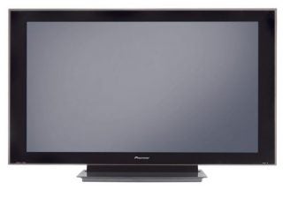 Pioneer PDP-5000EX 50-inch plasma TV with a black frame on a silver stand with the brand logo visible at the bottom center.